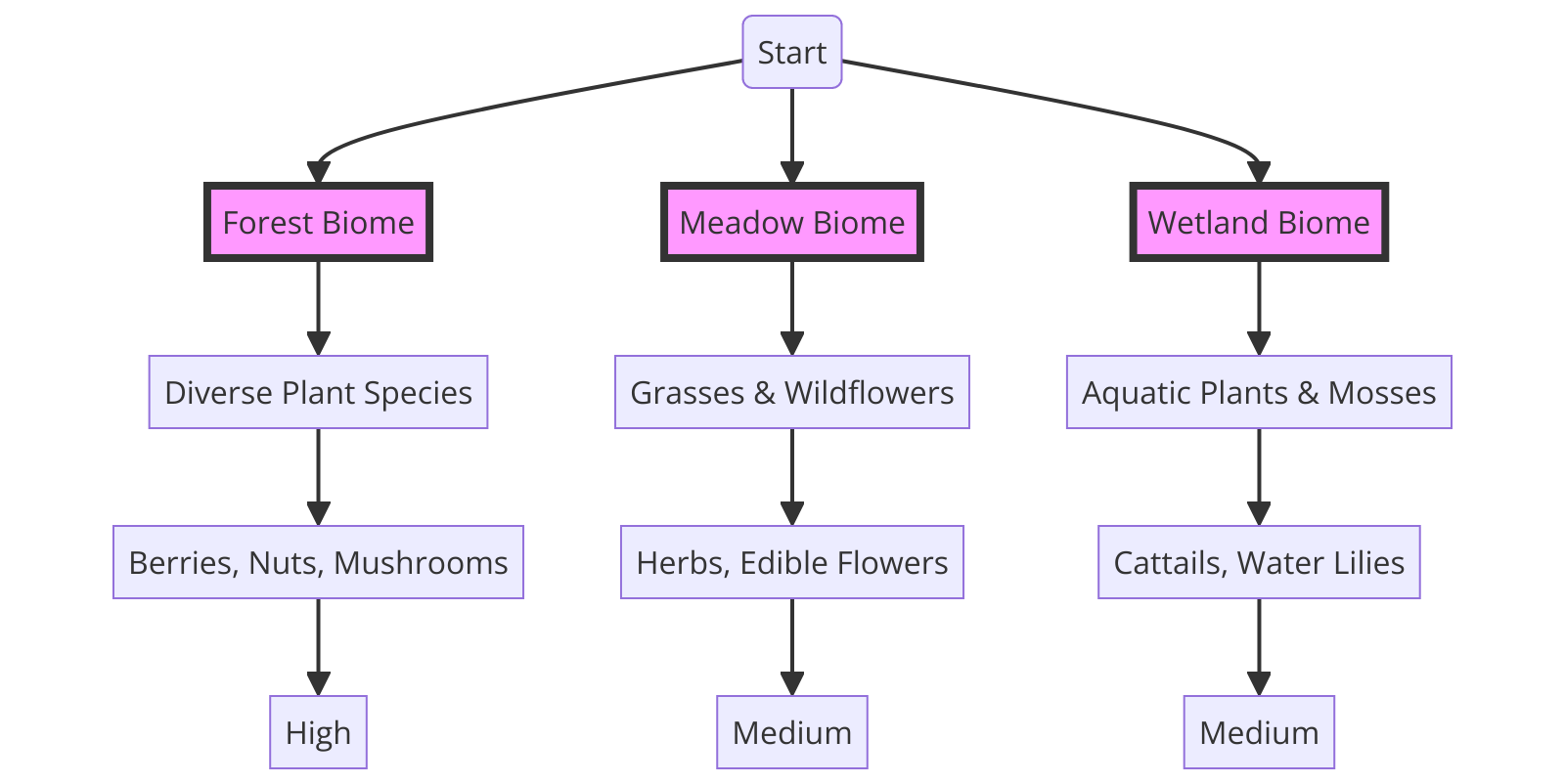 the steps for finding great foraging spots across different biomes (forest, meadow, wetland)
